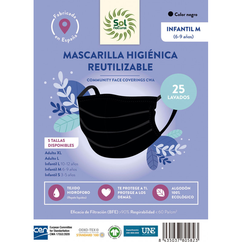 Children's Black Hygienic Face Mask M Sol Natural