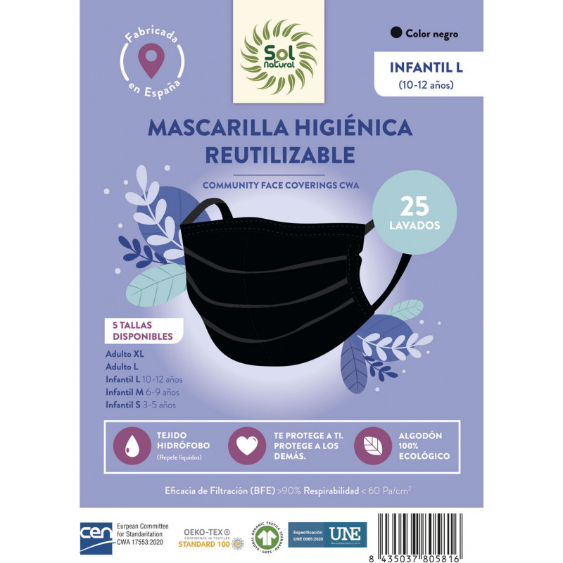 Schwarze hygienische Gesichtsmaske für Kinder L Sol Natural